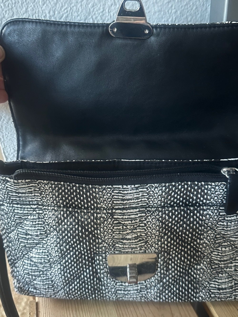 Calvin Klein Black and White Croc-Embossed Shoulder Bag with Silver Turn-Lock